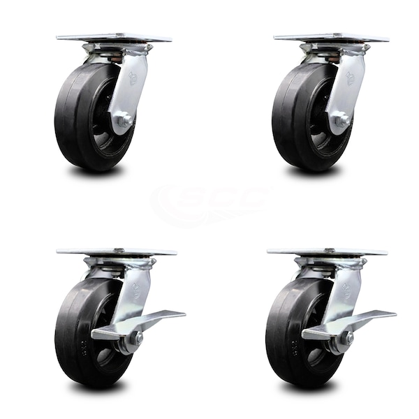 6 Inch Rubber on Steel Swivel Caster Set with Ball Bearings 2 Brakes SCC